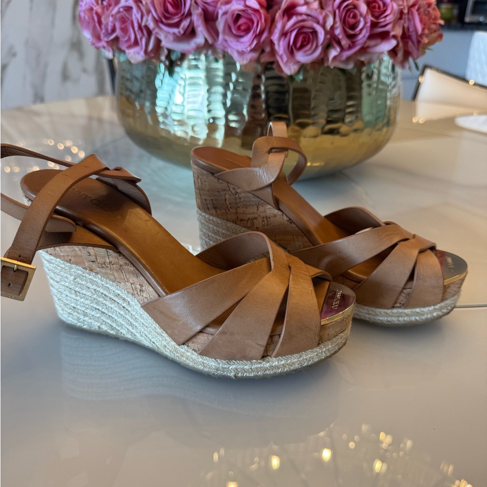 Jimmy Choo Tan Leather Wedge Sandals